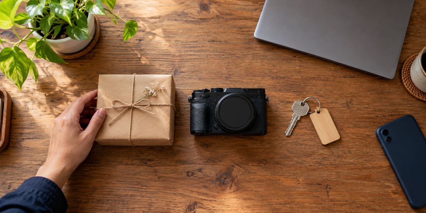 A wrapped parcel, a camera and a house key side by side on a wooden desk